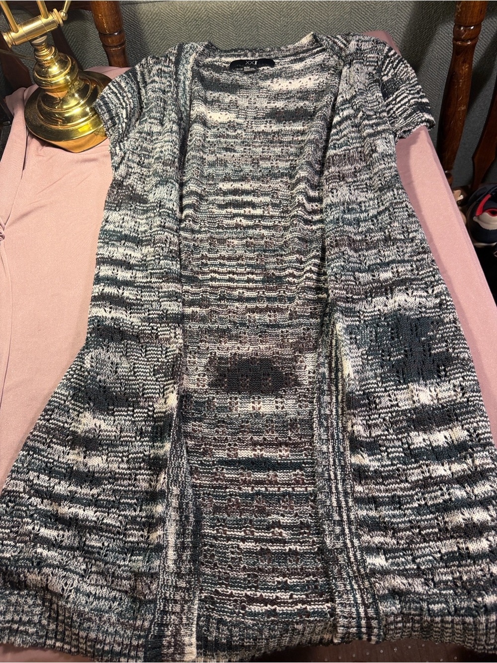 Blue and White Marled Short-Sleeve Open Cardigan